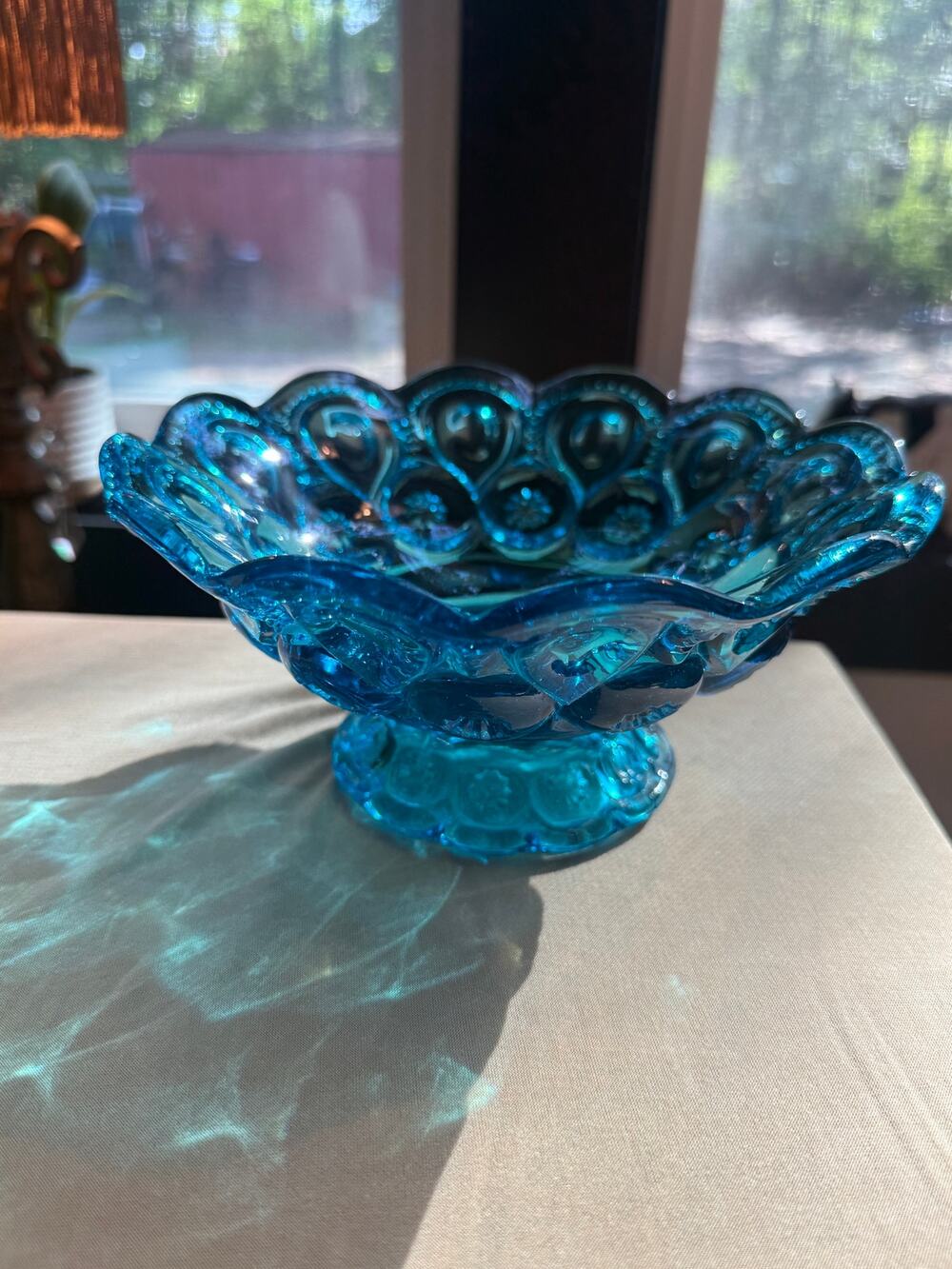 Vintage Moon & Stars Persian Blue Glass 8” Pedestal Compote Bowl by L.E. Smith
